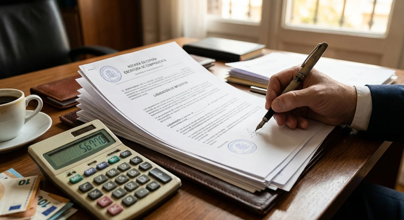 realistic action photo, dynamic perspective of een bureau met een rekenmachine, een pen en officiële documenten van de Notaris in Spanje, focus op de financiële afhandeling van een koopcontract