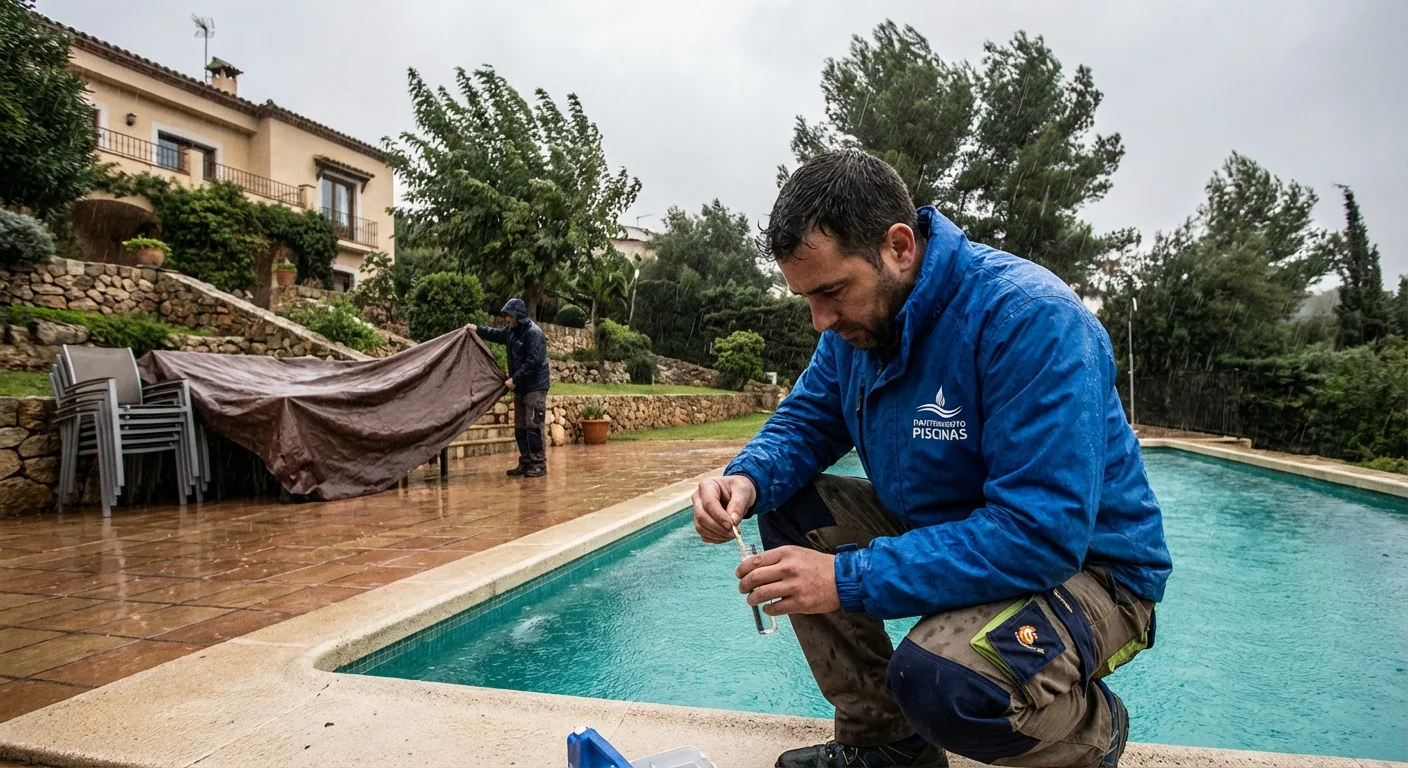 realistisches Action-Foto, dynamische Perspektive von Haus in Spanien Winter bereit mit Techniker Prüfung Pool Wasser und Abdeckung Gartenmöbel aus regen, professionelles Aussehen