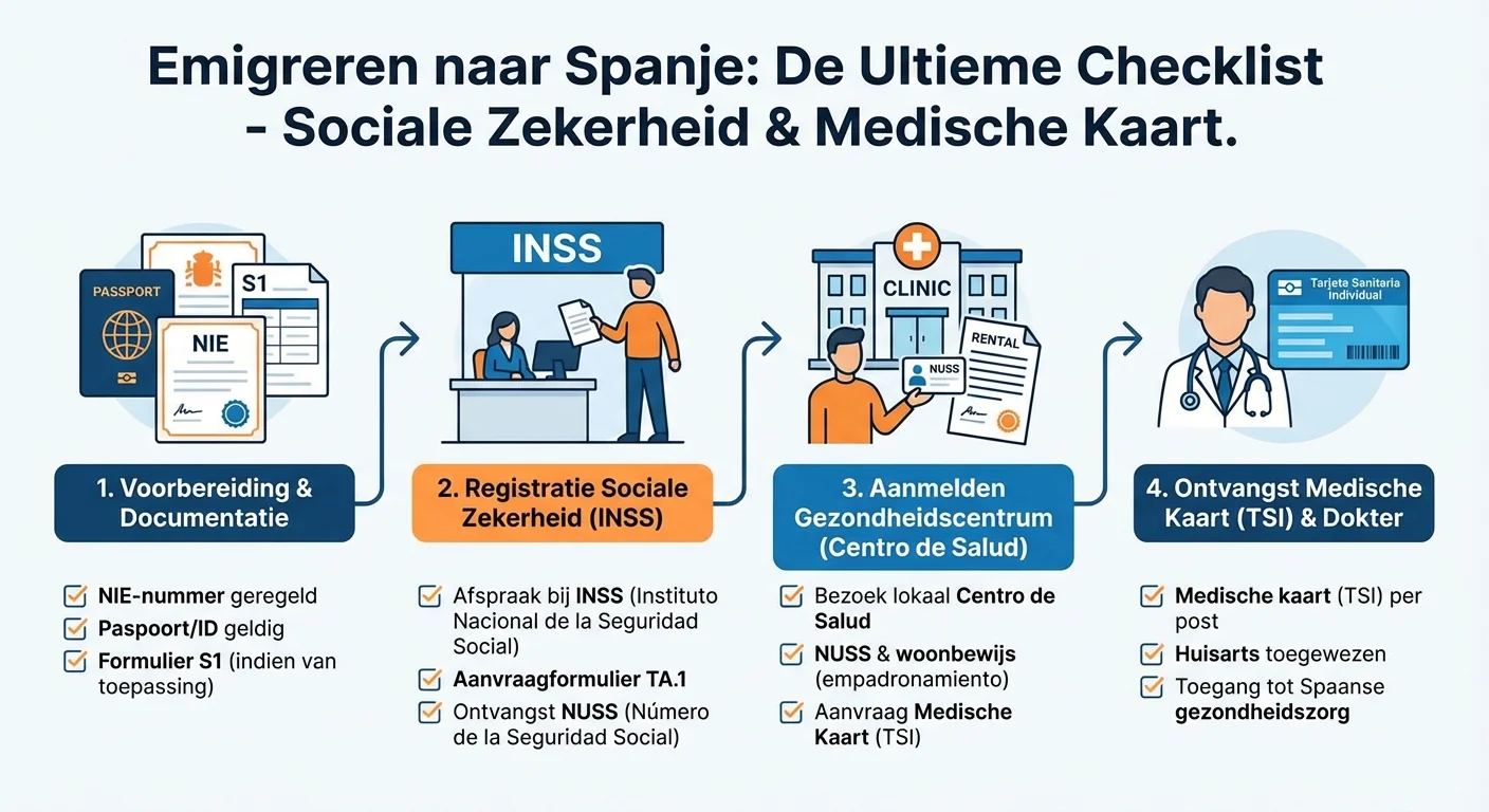 Illustration étape par étape et visualisation du processus d'émigration vers l'Espagne : la liste de contrôle ultime lors de l'inscription à la sécurité sociale et de la demande d'une carte médicale, apparence professionnelle.