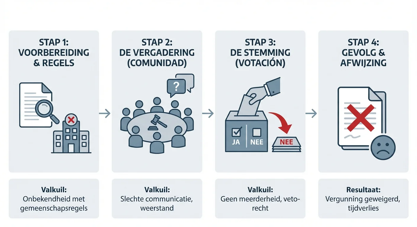 step-by-step illustration, process visualization van de vergadering van de Comunidad de Propietarios waar eigenaren stemmen over toestemming, een belangrijke valkuil bij een verhuurvergunning in Spanje, professional appearance
