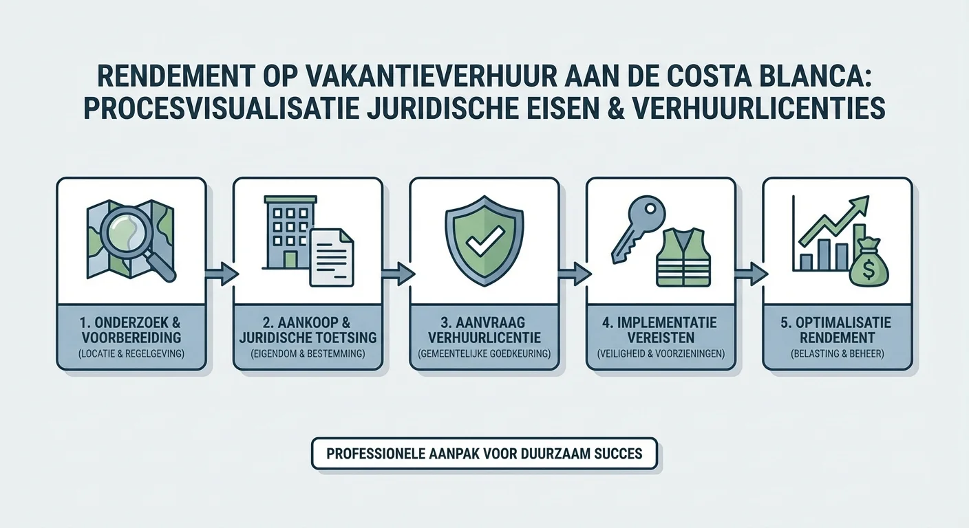 Stapsgewijze weergave van de juridische eisen en verhuurvergunning voor vakantieverhuur aan de Costa Blanca