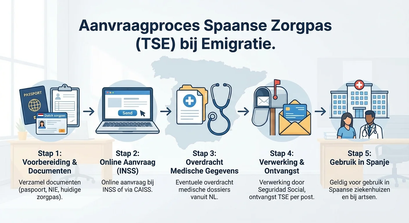 step-by-step illustration, process visualisation of the application process for a Spanish health card during Emigrating to Spain, clear icons of medical records and hospitals, professional appearance
