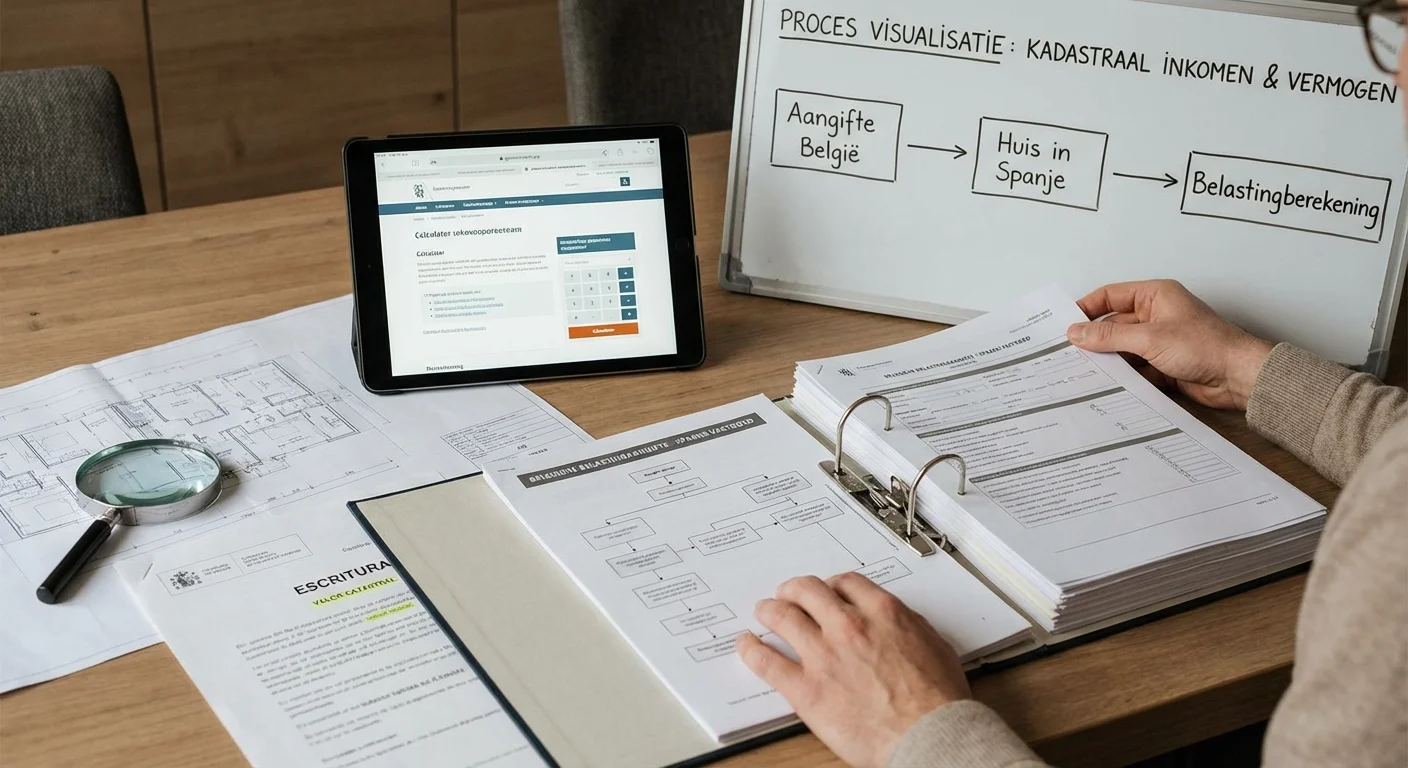 step-by-step illustration, process visualization van de belasting in België over huis in Spanje bij de aangifte van het kadastraal inkomen en vermogenswaarden, professional appearance