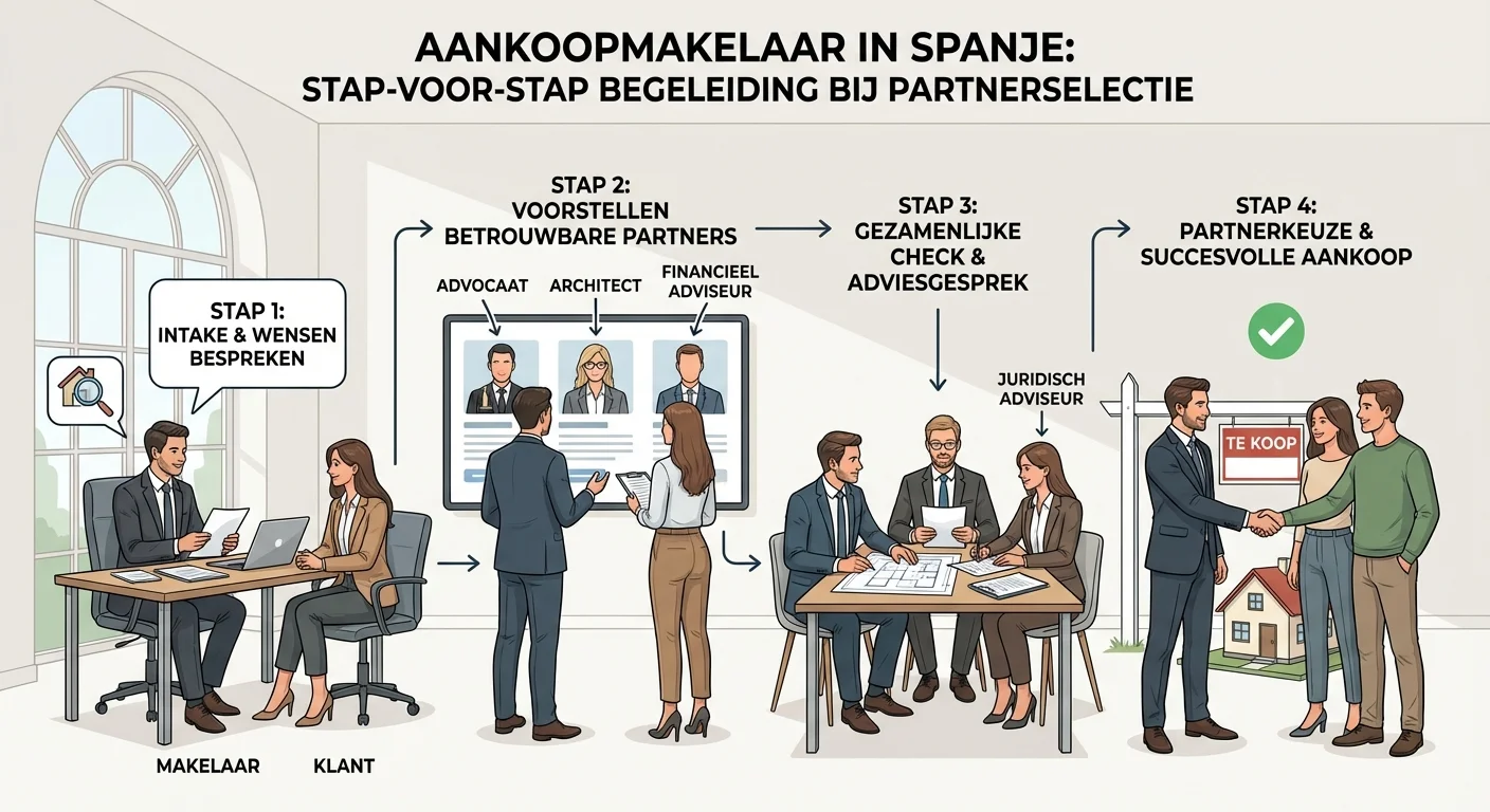 step-by-step illustration, process visualisation of an Estate Agent for Purchase in Spain guiding a client in selecting a reliable partner, professional appearance. ALL text rendered in this image MUST be in Dutch. Ensure correct spelling.