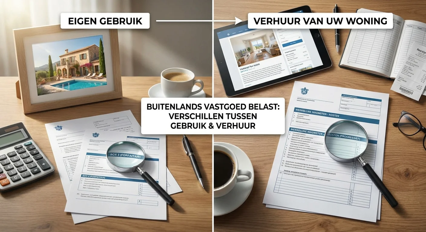 step-by-step illustration, process visualization of buitenlands vastgoed belast at verschillen tussen eigen gebruik en verhuur van uw woning, professional appearance