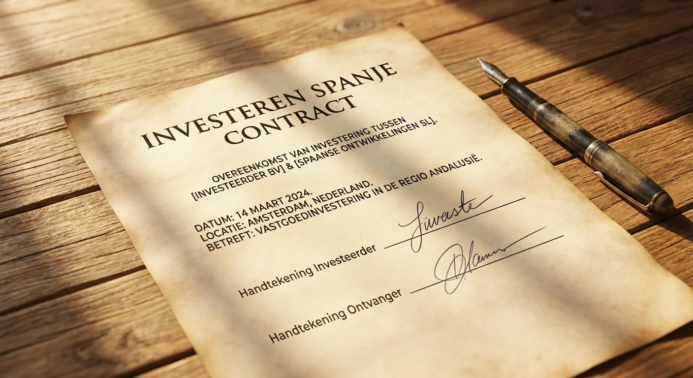 close-up detail shot, sharp focus van een getekend contract voor succesvol Investeren Spanje op een houten tafel in de zon.
