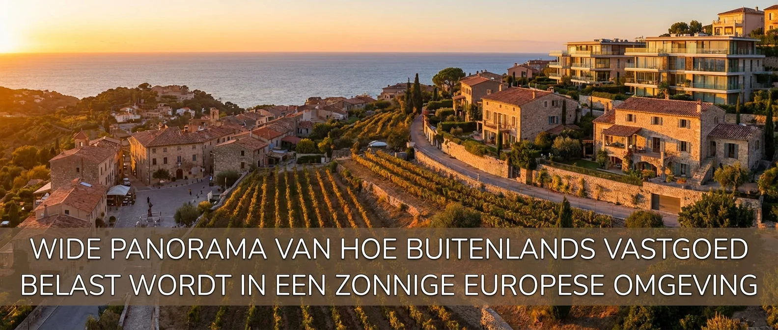 Wide panorama van hoe buitenlands vastgoed belast wordt in een zonnige Europese omgeving, sfeervol overzicht, professionele architectuurfotografie