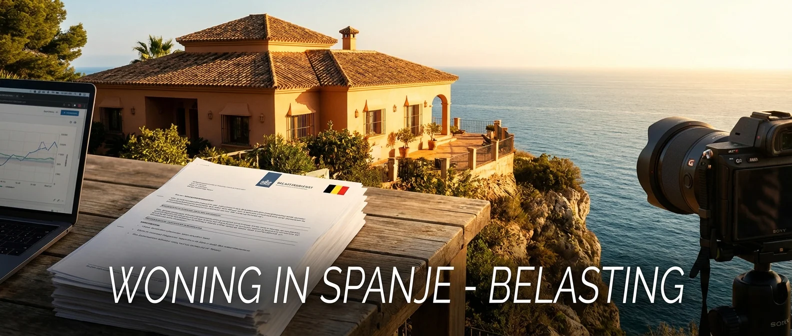 Wide panorama van een zonnige villa aan de Costa del Sol ter illustratie van de belasting in België over huis in Spanje, warme sfeer, uitnodigende compositie, professionele fotografie