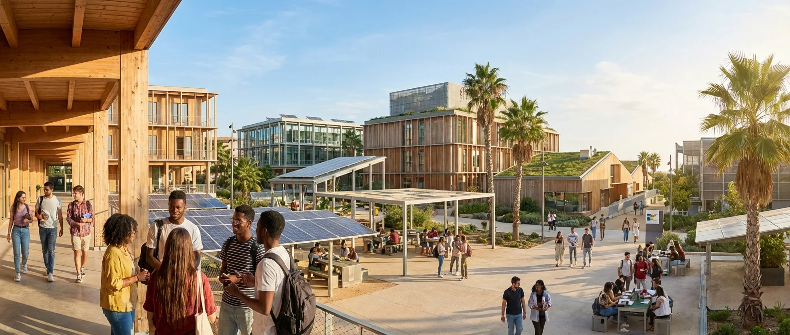 Large panorama de l'éducation moderne en Espagne, campus ensoleillé avec des étudiants, atmosphère accueillante, photographie professionnelle.
