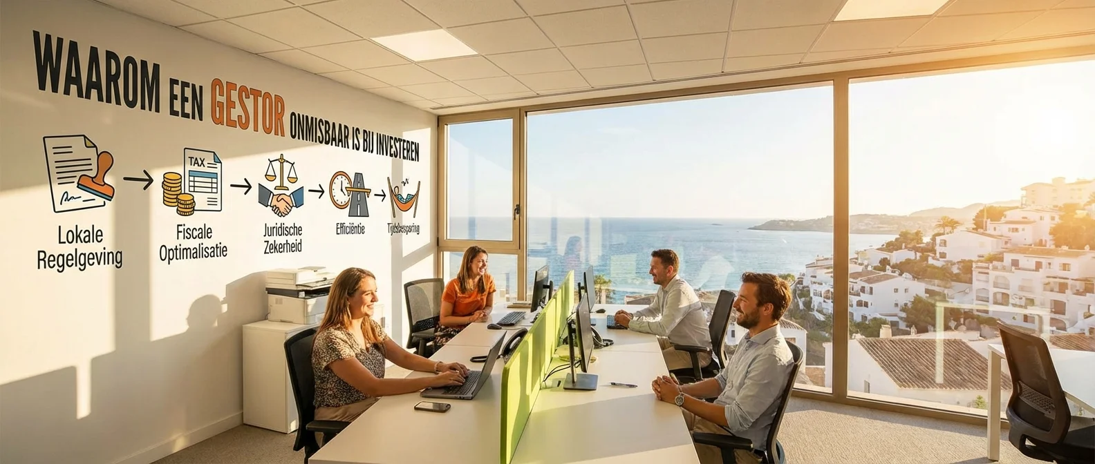 Wide panorama of a modern office overlooking the Spanish coast, illustrative view of Why a Gestor is Indispensable when Investing, professional photography, inviting atmosphere