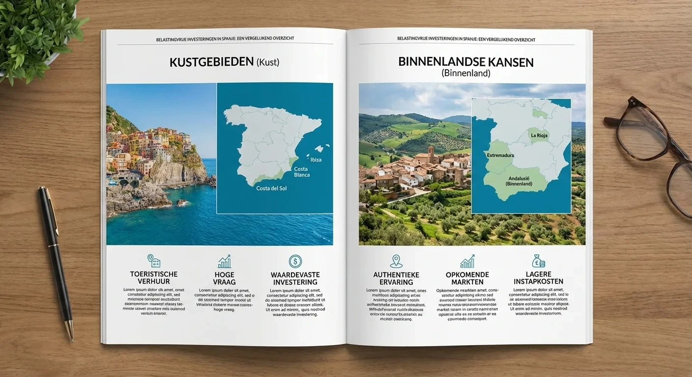 side-by-side layout van belastingvrije investeringen in Spanje met een overzicht van kustgebieden versus binnenlandse kansen, professional appearance