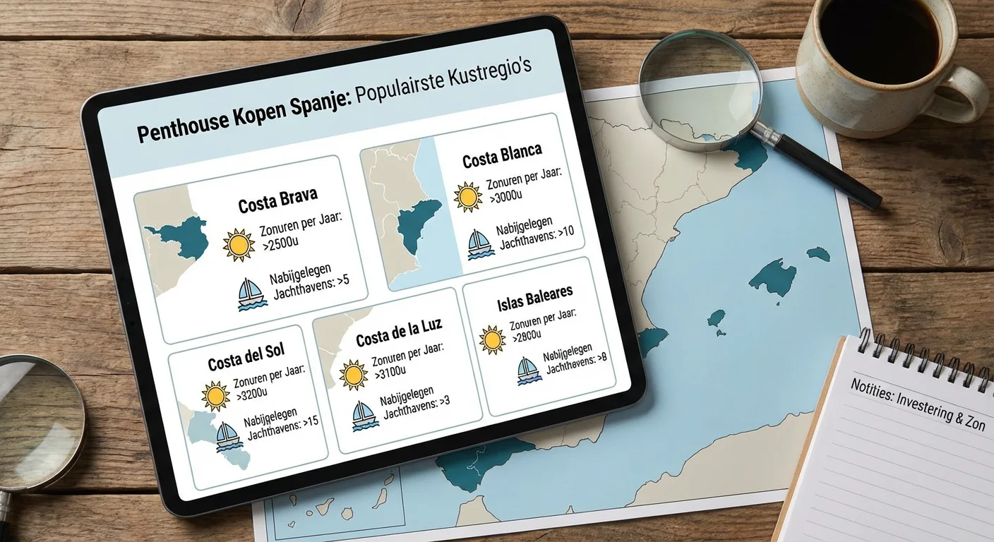 Een overzichtelijke infographic die de populairste Spaanse kustregio's toont voor een penthouse kopen spanje, inclusief iconen voor zonuren en nabijgelegen jachthavens, professionele uitstraling