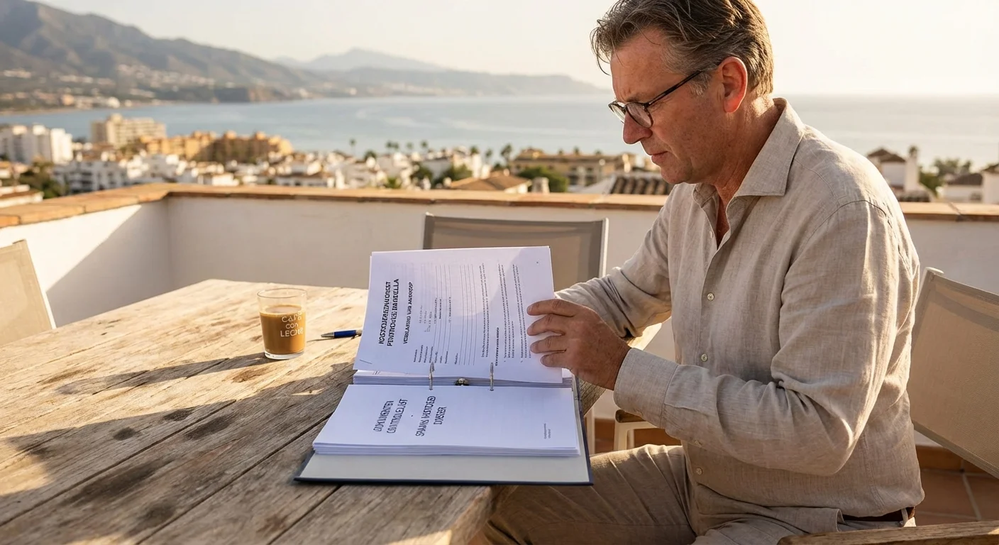 realistic action photo, dynamic perspective of een professionele adviseur die documenten controleert voor een penthouse kopen spanje op een zonnig dakterras, professional appearance